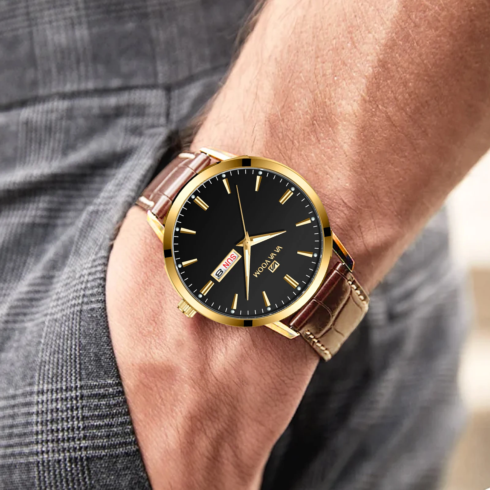 ساعة VA VA VOOM التجارية الكلاسيكية للرجال من الجلد، طراز بريطاني للأعمال 39 ملم، بني مقاوم للماء، حركة التقويم، هدية كوارتز للرجال