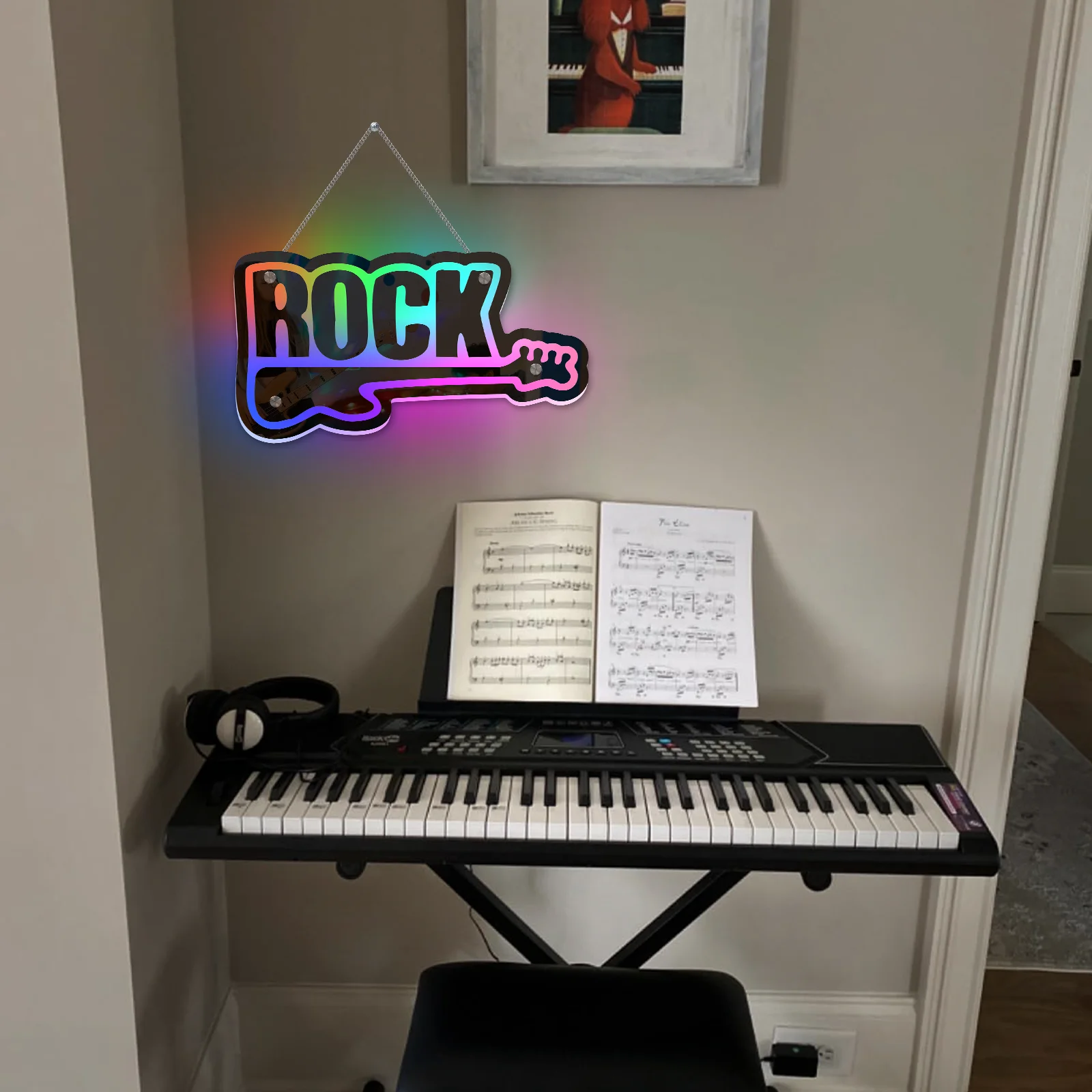 Rock with Guitar Neon Sign Mirror RGB Remote Control for Business Window Bar Shop Coffee Salon Hotel Store Music Party Pub