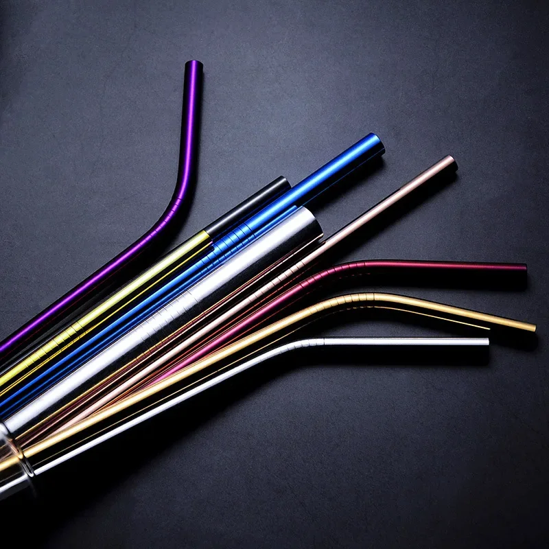 6*215mm 10 Colors Eco-friendly Reusable Metal Straws Set 304 Stainless Steel Drinking Cocktail Straw Party Favor Bar Accessory