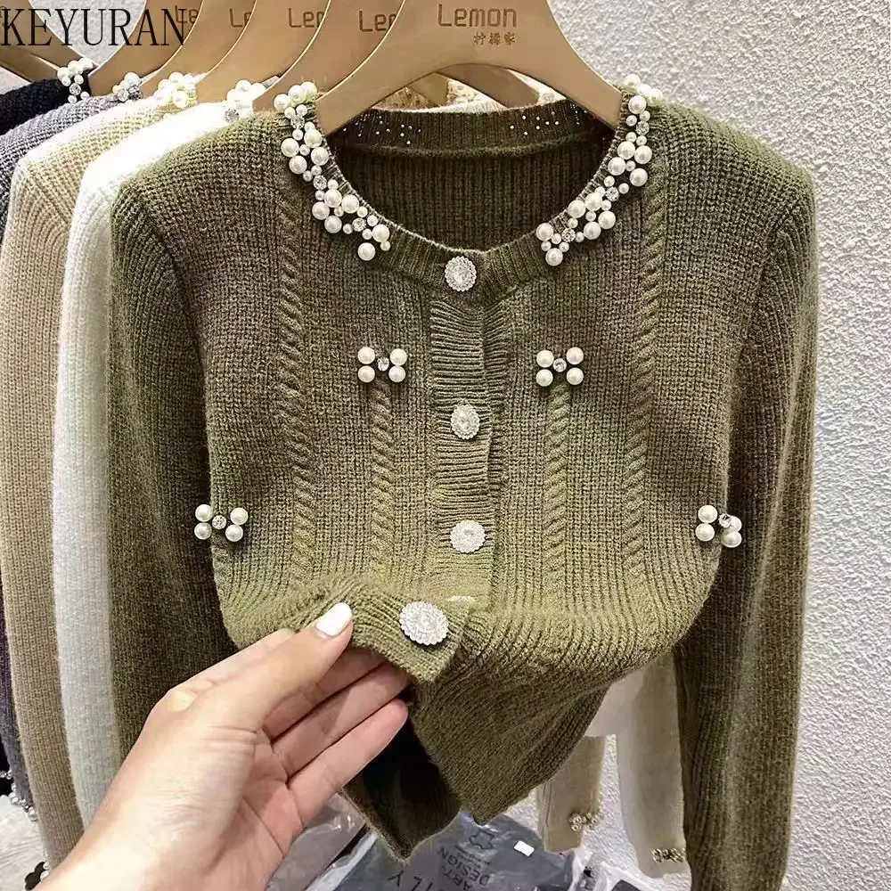 Autumn Pearls Beading Knitted Cardigan Sweater Women Vintage Fashion Long Sleeve Single-breasted Knitwear Crop Top Ladies Jumper