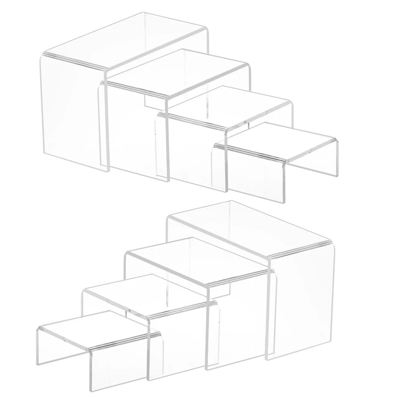 8 peças 2 conjuntos de risers acrílicos pequenos, suporte de exibição acrílico transparente grosso, vitrine de mesa retangular colecionável