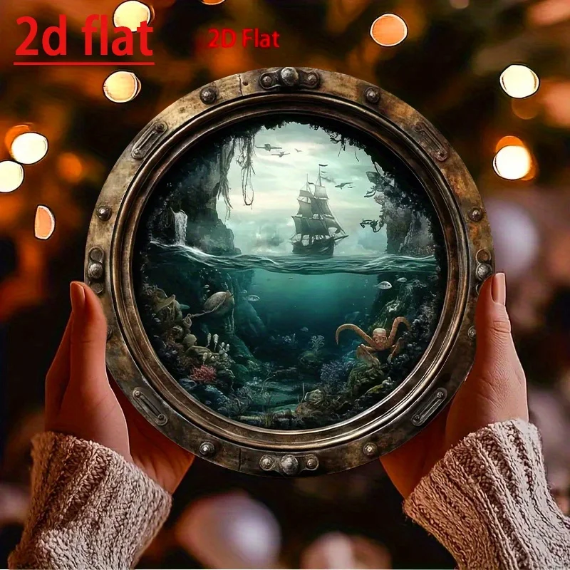 2D Flat - 1pc Vintage Nautical Porthole Wall Decor, Round Aluminum with Dramatic Ocean Scene, Rustproof & Waterproof,