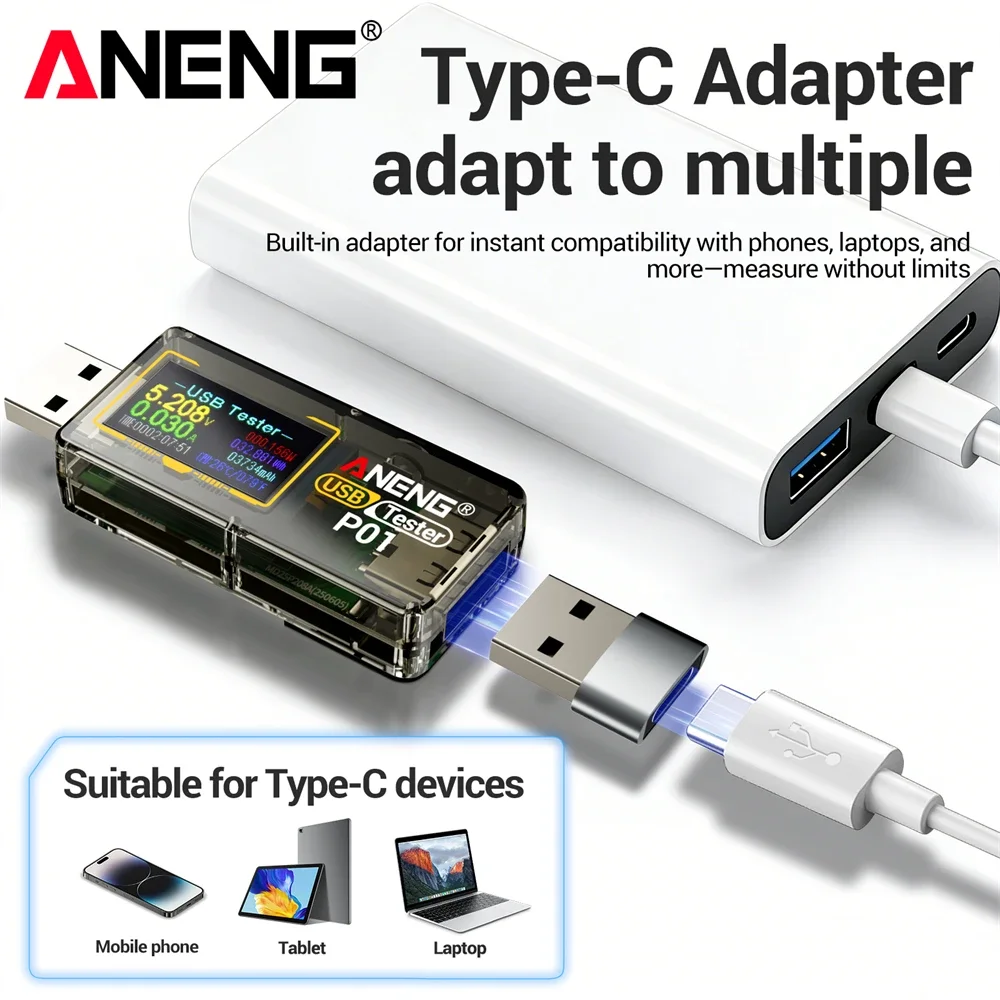 

USB Voltage Tester Multi-function Fast Charging Detector Monitor Voltmeter Ammeter Capacity 4-30V Digital Display Tool ANENG P01