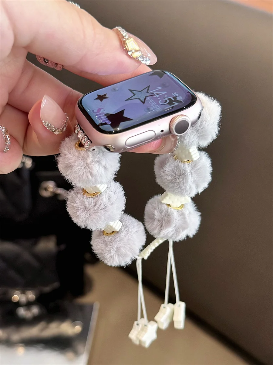 Adjustable Star Fluffy Strap for Apple Watch Band 41/45 42/46mm Winter Bracelet Loop for iWatchS10 49Ultra 9 8 7 6 5 38/42 Women