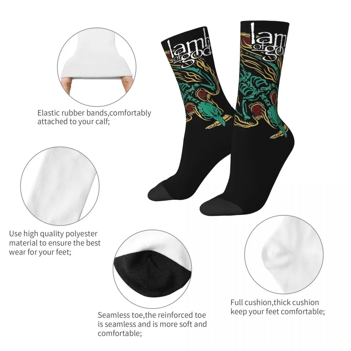 Casual Lamb Of God Band Design Print Socks Accessories All Seasons Skeleton Heavy Metal Super Soft Long Socks Non-slip