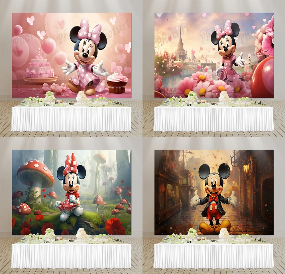 Disney Cute Pink Minnie Mouse Backdrop Kids Birthday Background Disneyland Vinyl Polyester Photography Studios Decoration Props