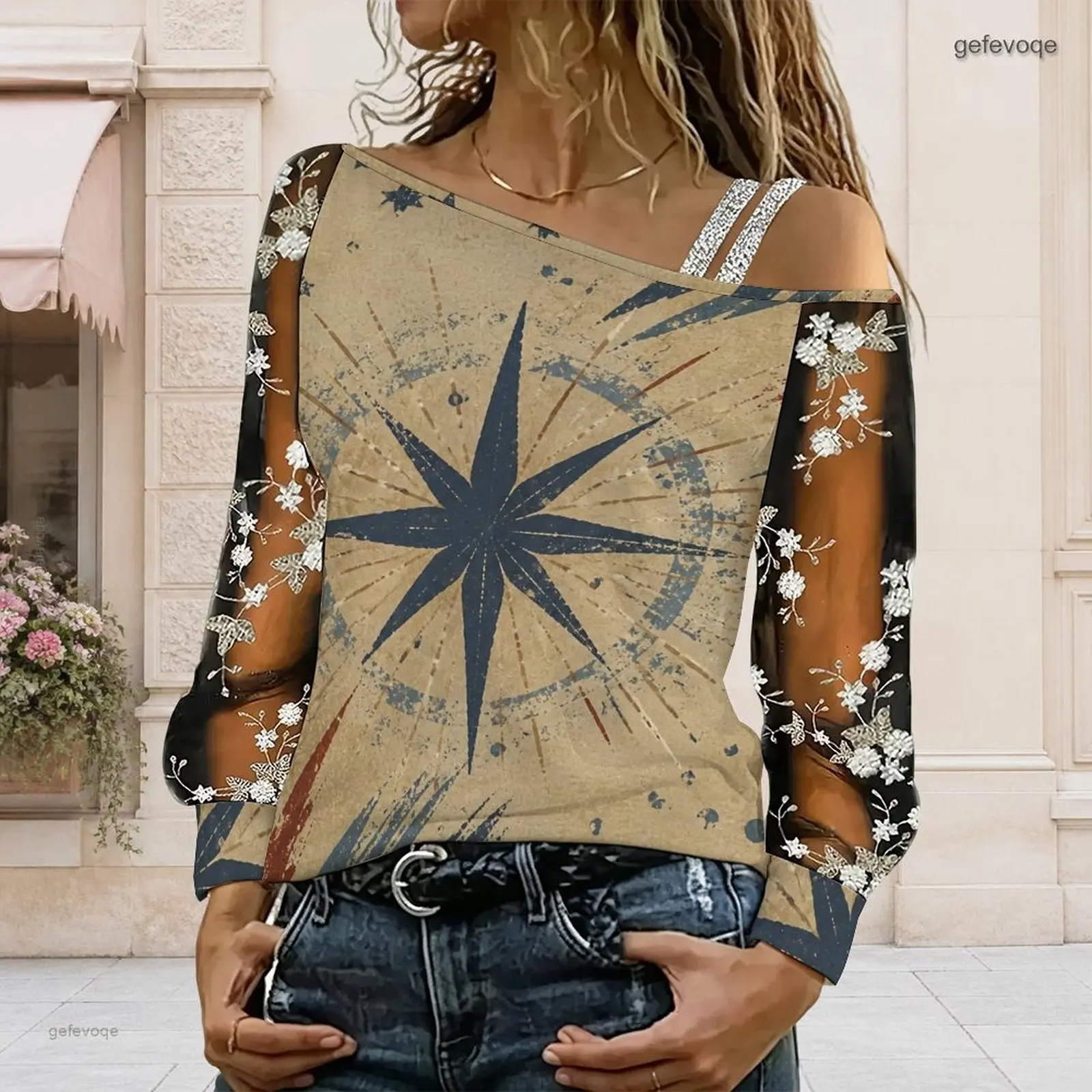 Women Asymmetric Cold Shoulder Top, Vintage Compass Print Sheer Floral Long Sleeve Casual Top