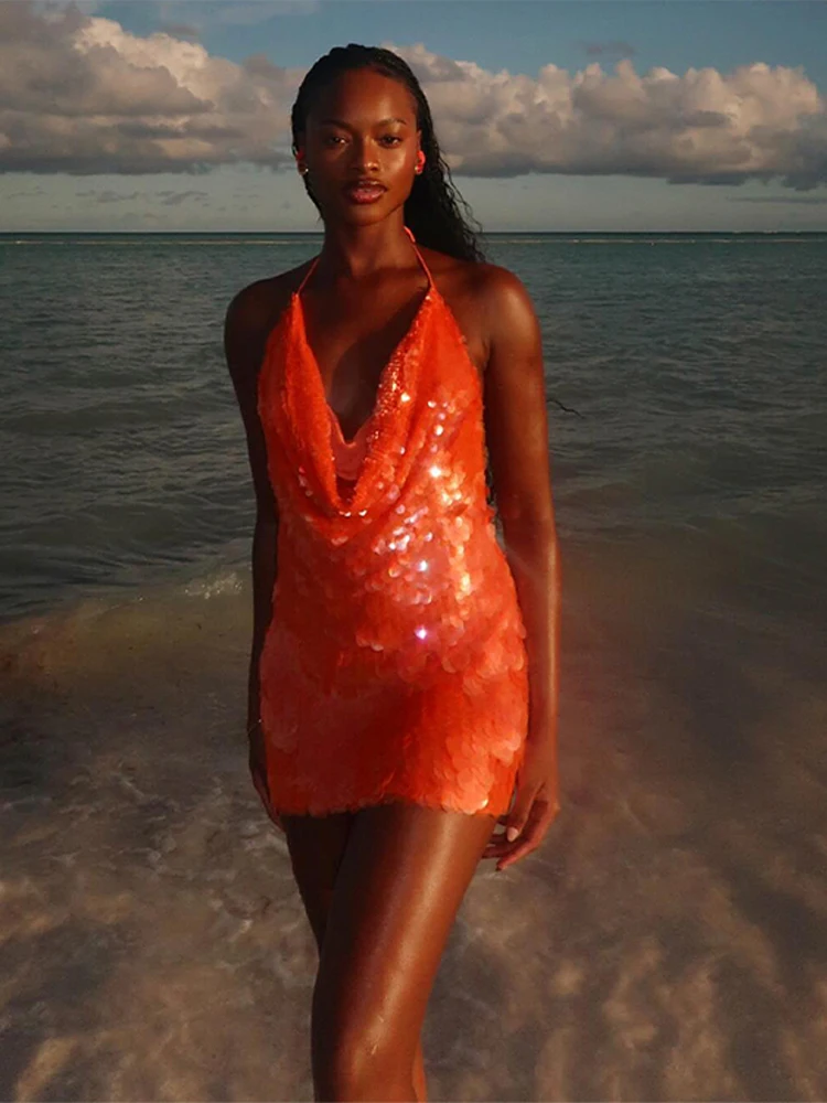 Glitter Sequined Halterชุดสั้นผู้หญิงเซ็กซี่ลึกVแขนกุดBackless Lace Up Party Dresses 2025 ฤดูร้อนใหม่สุภาพสตรีBeachwear