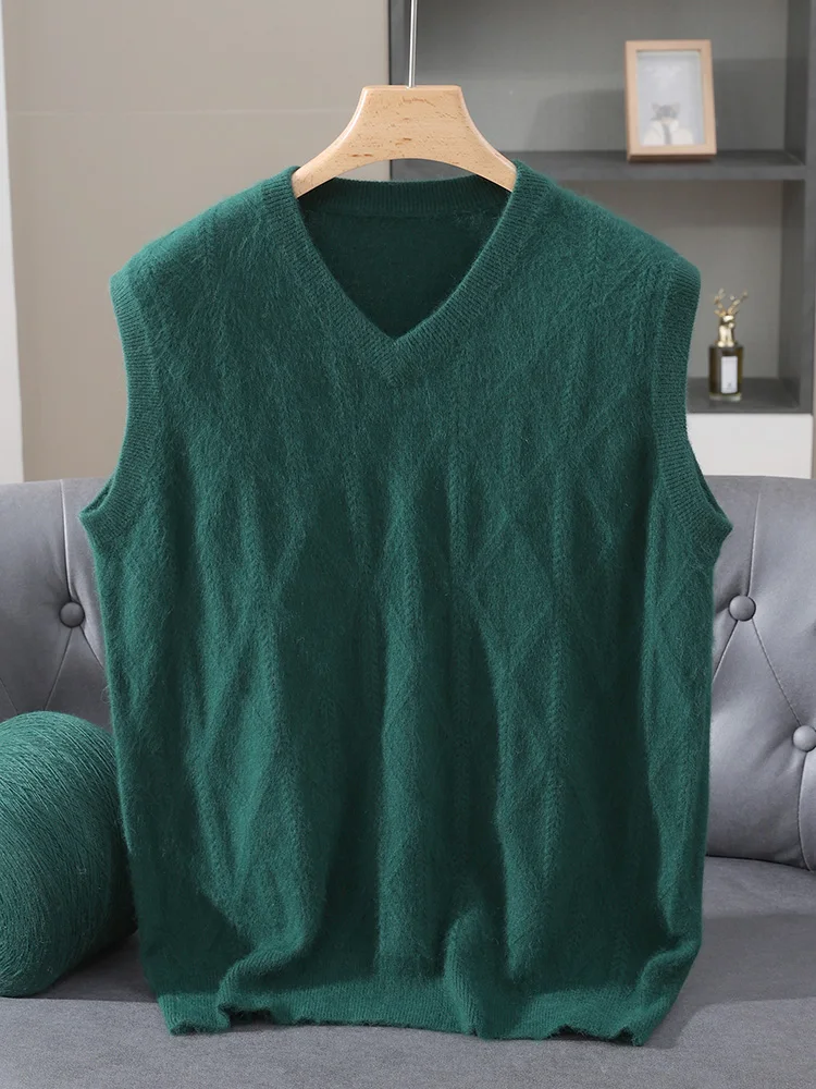 TLOML New Men's 100% Mink Cashmere Vest V-Neck Solid Cable Knit Pullover Casual Soft Autumn Winter Mink Cashmere Sleeveless Tops