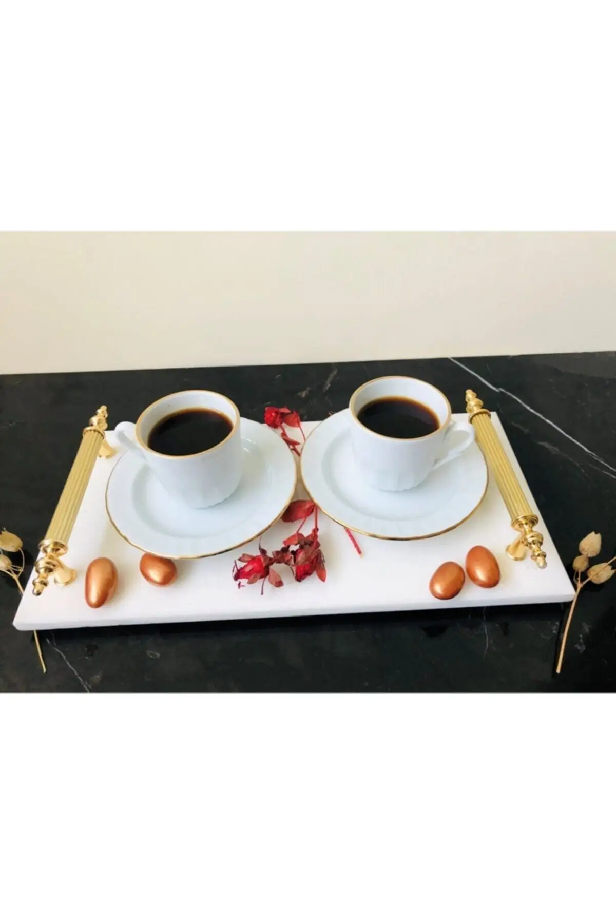 

Natural marble serving tray with yellow handle Calacatta marble luxury 2022 tray Tea tray Tea tray