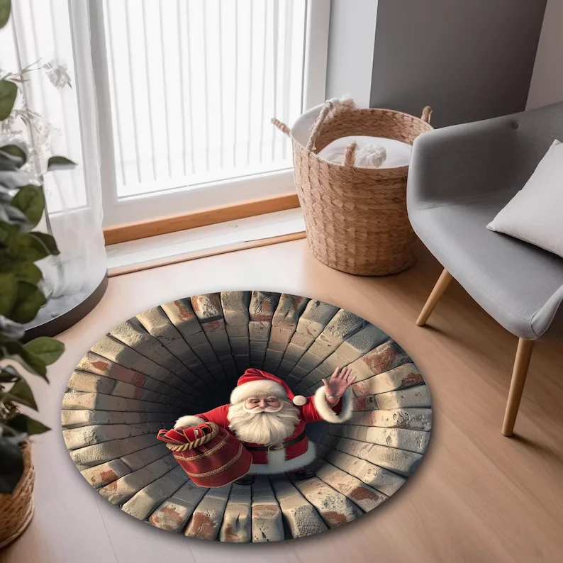3D Santa Claus Round Rug Christmas Hole Illusion Carpet Funny Holiday Floor Mat for Living Room Entryway or  Room Decor