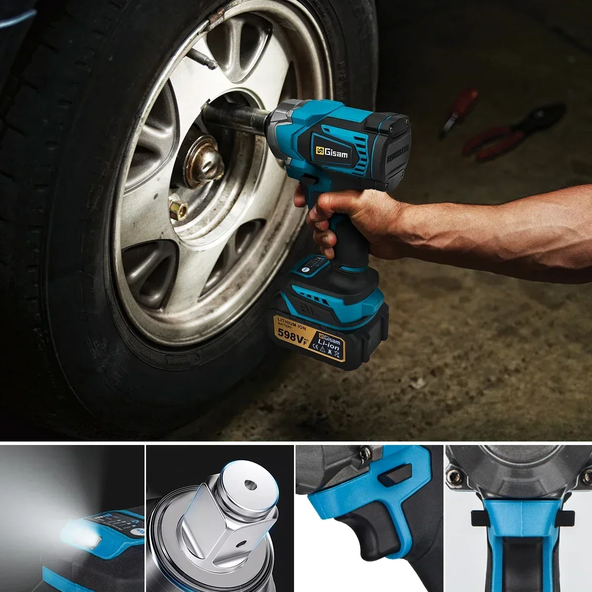 Gisam 1200NM Brushless Electric Impact Wrench 1/2 inch High Torque Cordless Electric Wrench Tools For Makita 18V Battery Pin