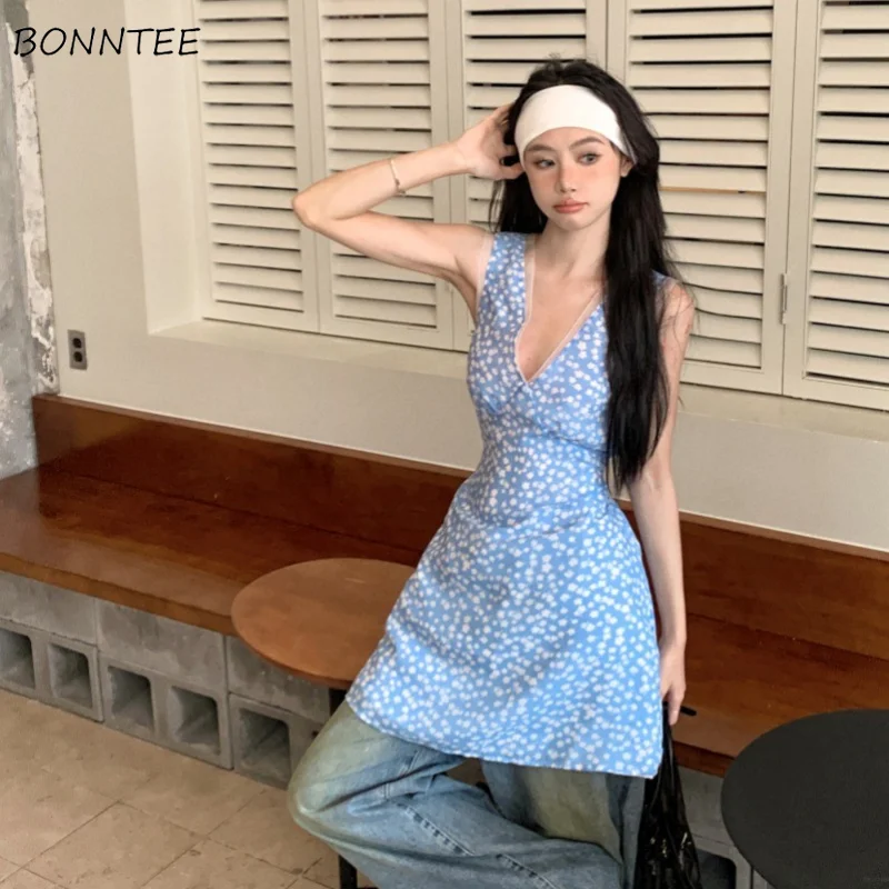 Sleeveless V-neck Dress Women Floral Printed Sexy Summer Holiday Slim Beach Style Mini Vestidos Streetwear Fashion Attractive