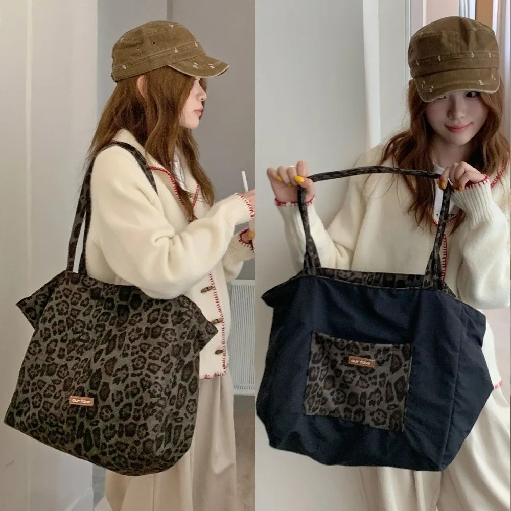 Fashion Leopard Print Shopping Tote Bag Double-Sided Suede Travel Handbag Ultralight Large Capacity Shoulder Bag