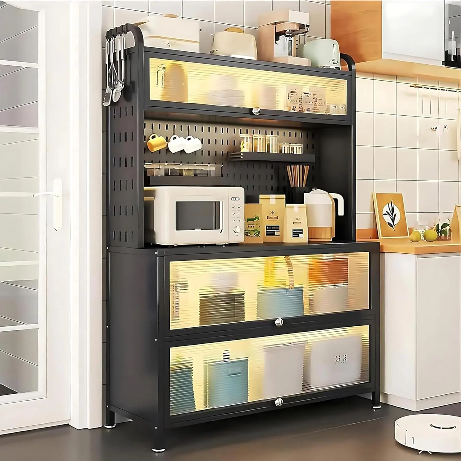 5 Tier Kitchen Bakers Rack with Flip Door Cabinet, Multifunctional Microwave Stand Buffet, Coffee Bar, Kitchen Pantry Storage Ca