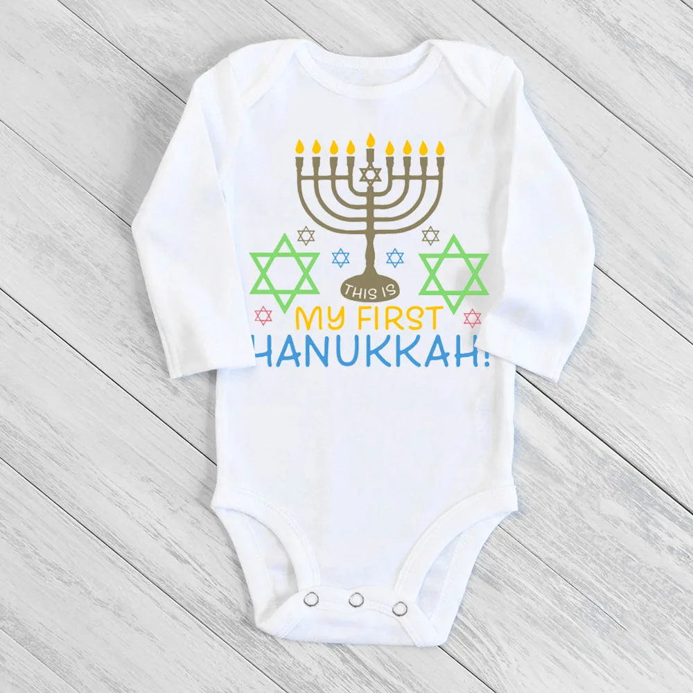 My First Hanukkah Printed Baby Bodysuit Jewish Holiday Infant Outfit Babies First Hanukkah Clothes Newborn Long Sleeve Romper