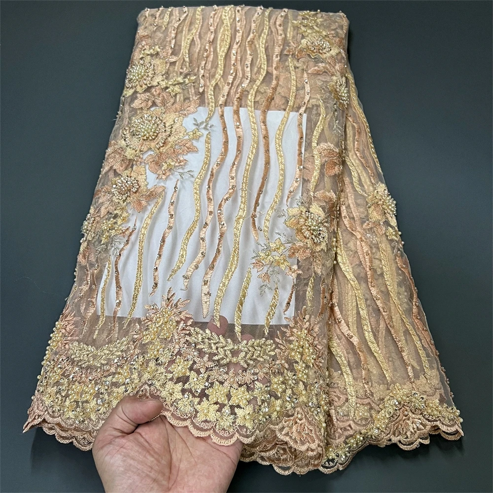 

African Nigerian 2025 Latest High Quality With Tulle Sewing Lace Fabric Guipure Dresses Sequins Embroidery 5Yards ZJ019