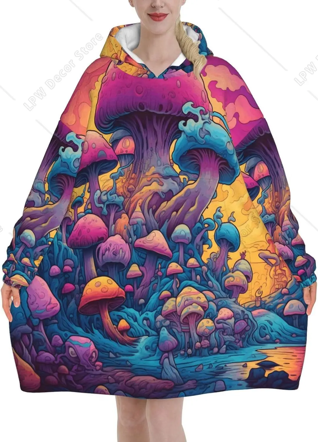 Colorful Trippy Magic Mushrooms Wearable Blanket Hoodie Oversized Sweatshirt Blanket Cozy Warm Sherpa Hooded Blanket With Pocket