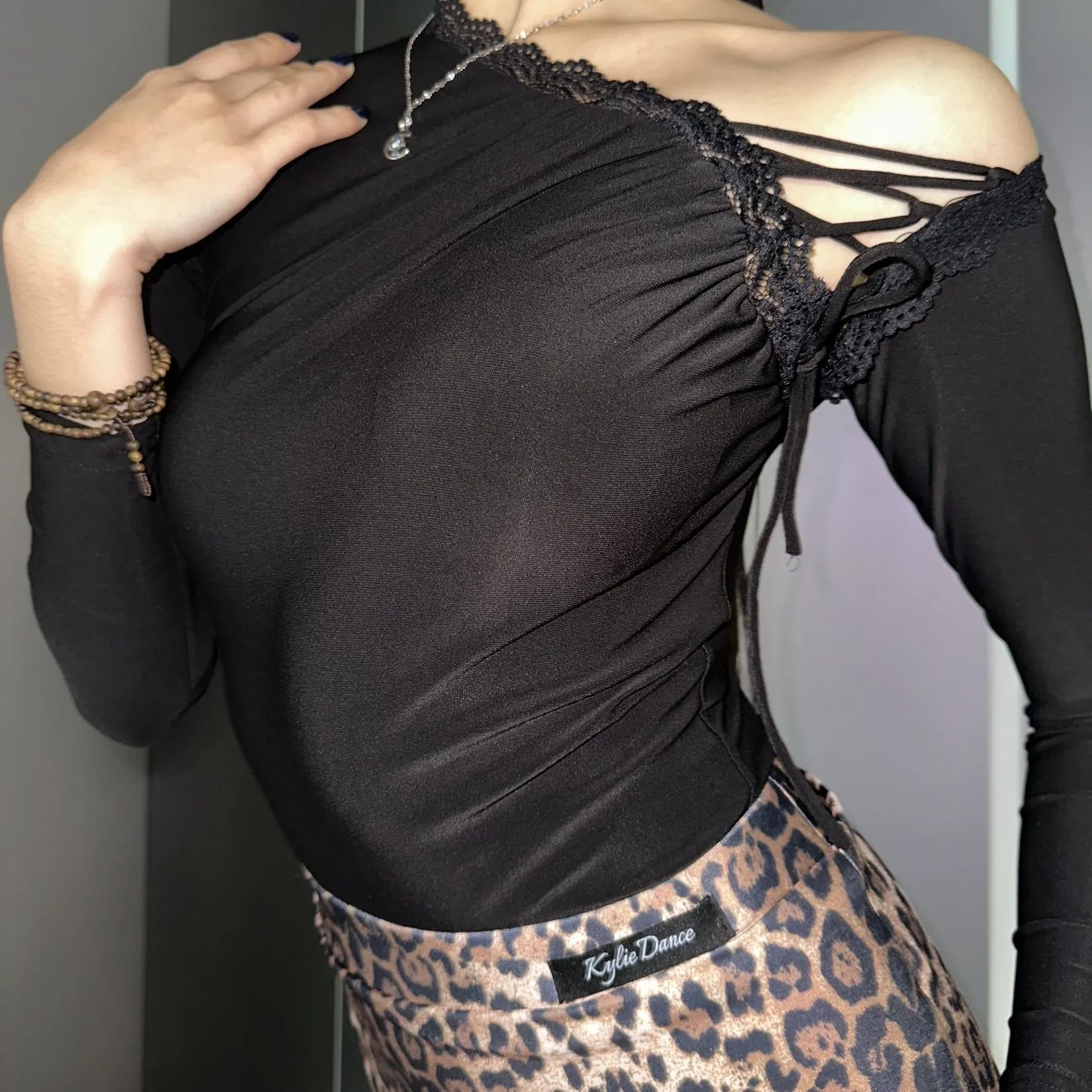 2025 New Women Latin Dance Modern Dance Costumes Lace Sloping Shoulder Jumpsuit Practice Clothes Ballroom Dance Clothing DN21791