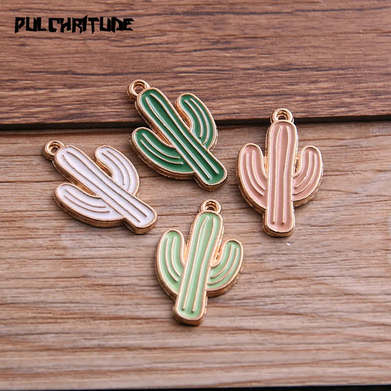 10Pcs 16*26mm Four Color Alloy Metal Drop Oil Plant Cactus Charms Pendant For DIY Bracelet Necklace Jewelry Making