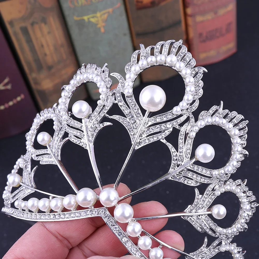 Vintage Baroque Crystal Crowns Peacock Feather Pearl Rhinestone Tiaras Bridal Wedding Hairband Hair Accessories Jewelry