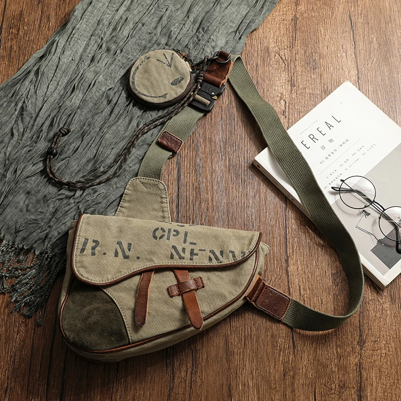 New Fashion 2024 Canvas Leather Designer Shoulder Bag Men Crossbody Bag Vintage Small Outdoor Tactical Bag Sling Bag