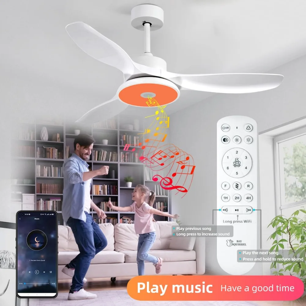 Smart Ceiling Fans with Lights, 6 Speed Reversible Noiseless Motor, LED-RGB Light, Modern Ceiling Fan for Bedroom 48 inch