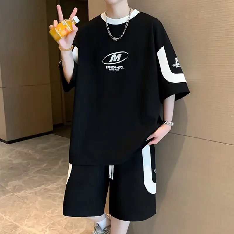 Men's Daily Oversized Suit M-6XL American Style Patchwork Top Shorts 2 Piece Set Trendy Sports Set Minimalist Men's Clothing New