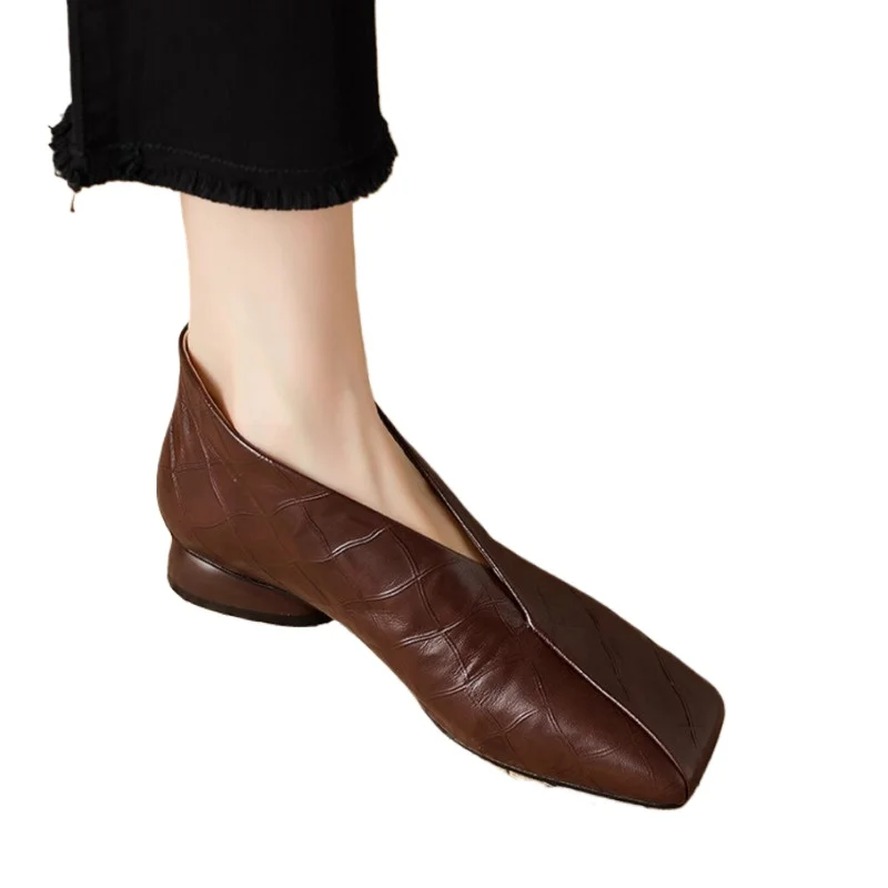 Printemps automne femmes mi talons chaussures simples bout carré mocassins confortables et antidérapants talons épais femmes bottines