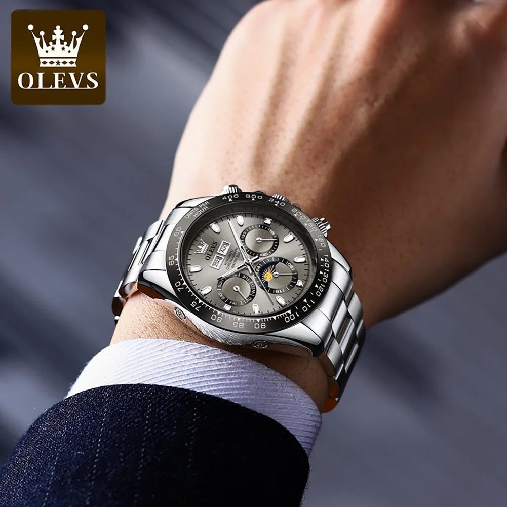 OLEVS 6654 Top Brand Mechanical Watch For Men Stainless Steel Waterproof Automatic Man Watches Week Calendar Display Hand Clock