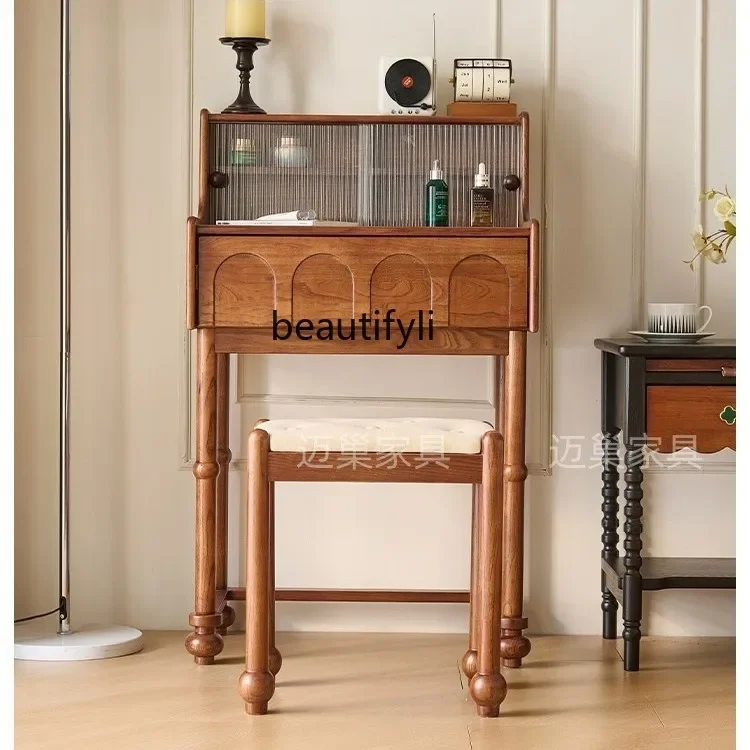 A139 French Vintage White Wax Wood Solid Wood Dressing Table for Bedroom Small Apartment with Storage Makeup Table