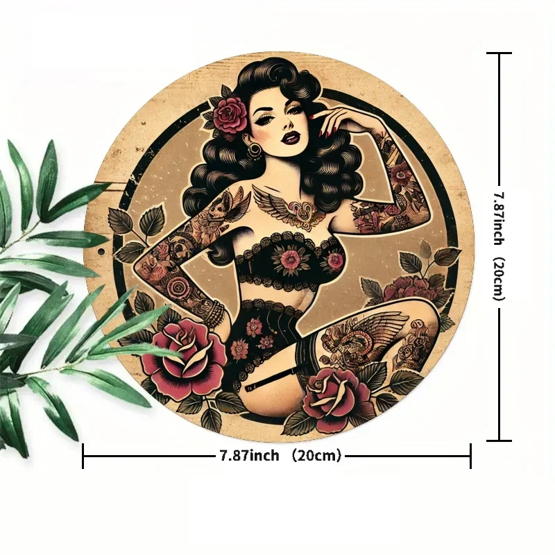 Vintage Tattoo Pin Up Lady Rose Graphic Round Metal Tin Sign 2D 1PC 20x20cm Retro Rock Bar Iron Wall Art Plaque