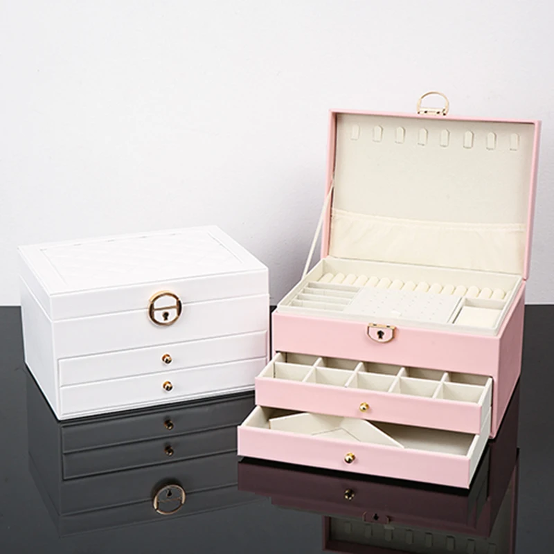 

Multifunctional jewelry box large three-layer lock diamond jewelry storage box earring jewelry box earring storage box