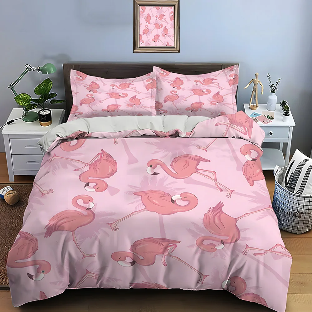 Pink background flamingos Pattern Duvet Cover Set Digital Print Colorful Polyester Bedding with Zipper Closur for kids gifts