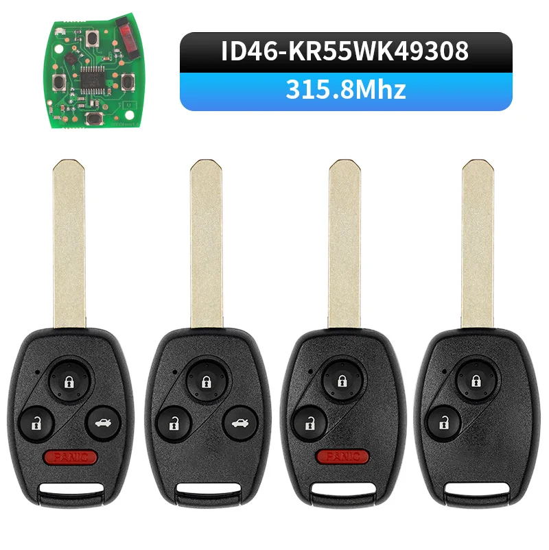 Clé de voiture droite à 2, 3 ou 4 boutons, 315,8 MHz, ID46, pour Honda Fit, Odyssey, CRV, HRV, Freed, Prelude, Vezel, Insight, Civic (référence KR55WK49308)
