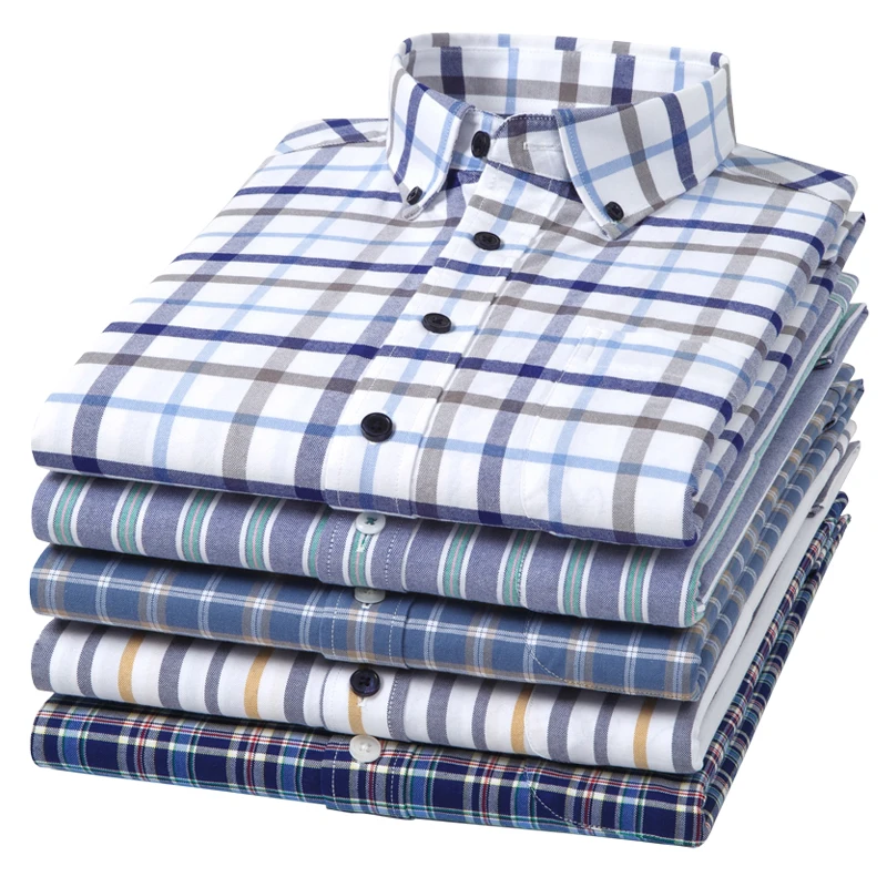 100% Cotton Oxford Men's Shirts Long Sleeves Plaid Soft Regular Fit Formal Dress Shirt Pocket Social Blouse Male Clothes S-5XL