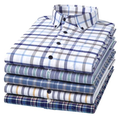 Imagen 2 del producto Camisas Oxford de algodón 100% para hombre, camisa de vestir Formal de ajuste Regular suave a cuadros de manga larga, blusa Social con bolsillo, ropa masculina S-5XL
