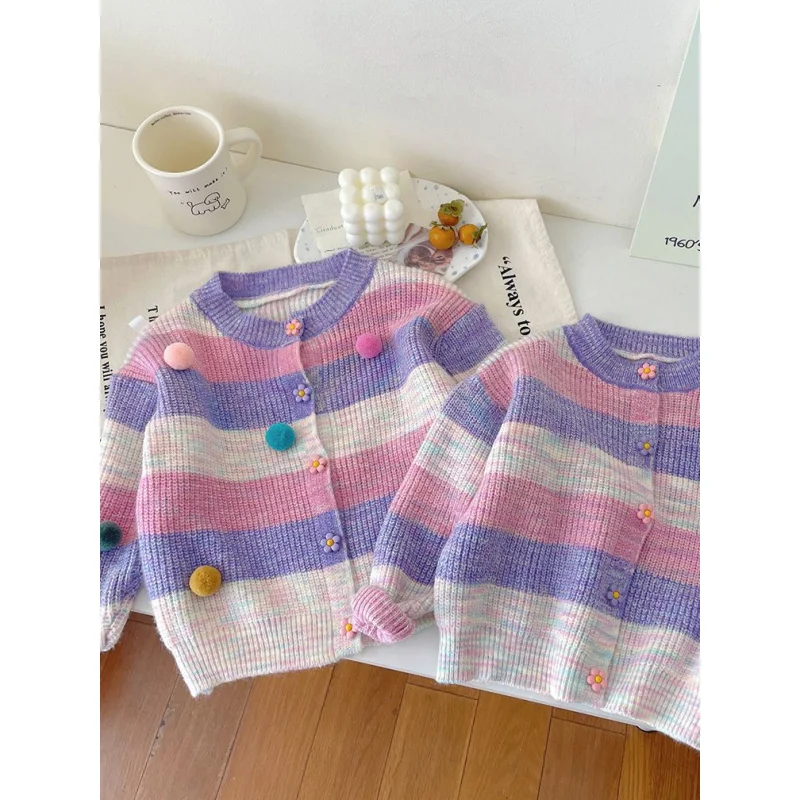 

Girl2024Fall New Coat Baby Fashionable Knitted Cardigan Western Style Striped Sweater Autumn Top