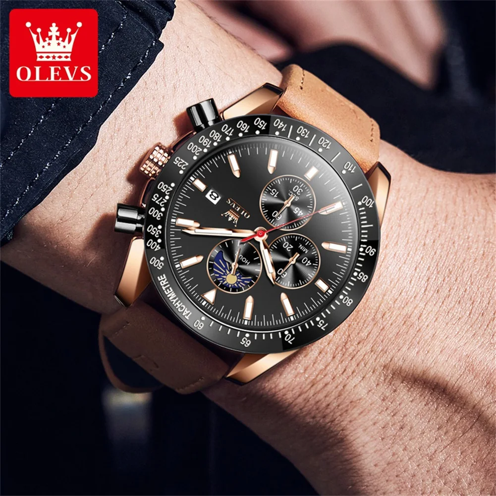 OLEVS-Montre-bracelet chronographe étanche avec bracelet en cuir pour homme, montre à quartz Shoous, montres originales, tendance de la mode, 9980