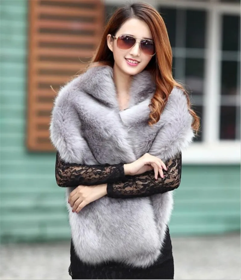 New Women Shawl Wraps Winter Faux Fox Fur Cape Evening Dress Wedding Party Warm Solid Color Long Stole