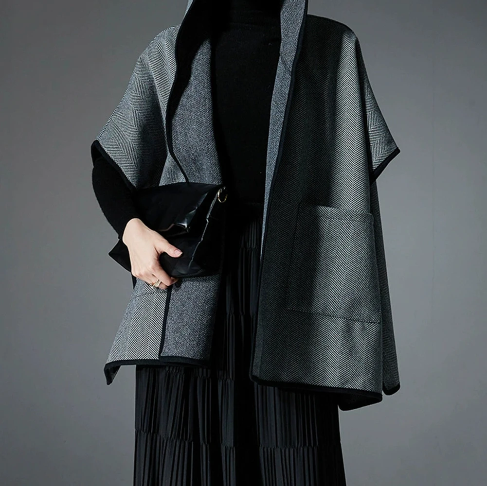 Mid-tot-high-end Europese en Amerikaanse herfst en winter nieuwe dubbelzijdige wollen visgraatpatroon sjaal met capuchon-GZXX740