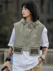 Women Vests Summer Hooded Functional Techwear All-match Breathable Japanese Style Pure Color Sleeveless Couple Simple Advanced