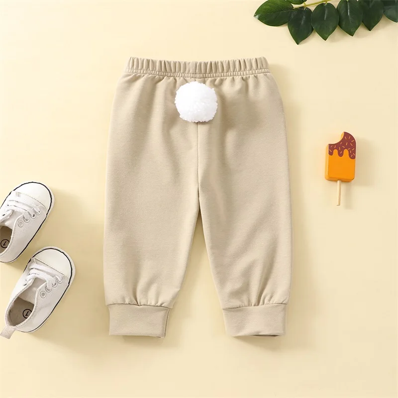 Spring Pants Baby Easter Clothes Solid Color Joggers Elastic Waist Trousers with Furry Bunny Tail for Newborn