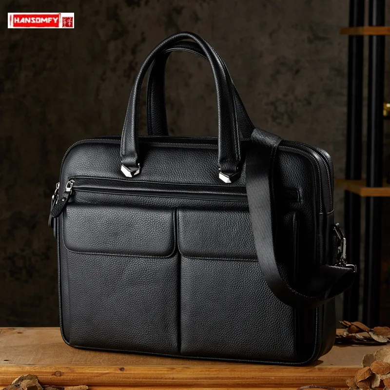 Genuine Leather Men's Handbags Business Briefcase Shoulder Messenger Bag Simple First Layer Cowhide Large Capacity Laptop Bags