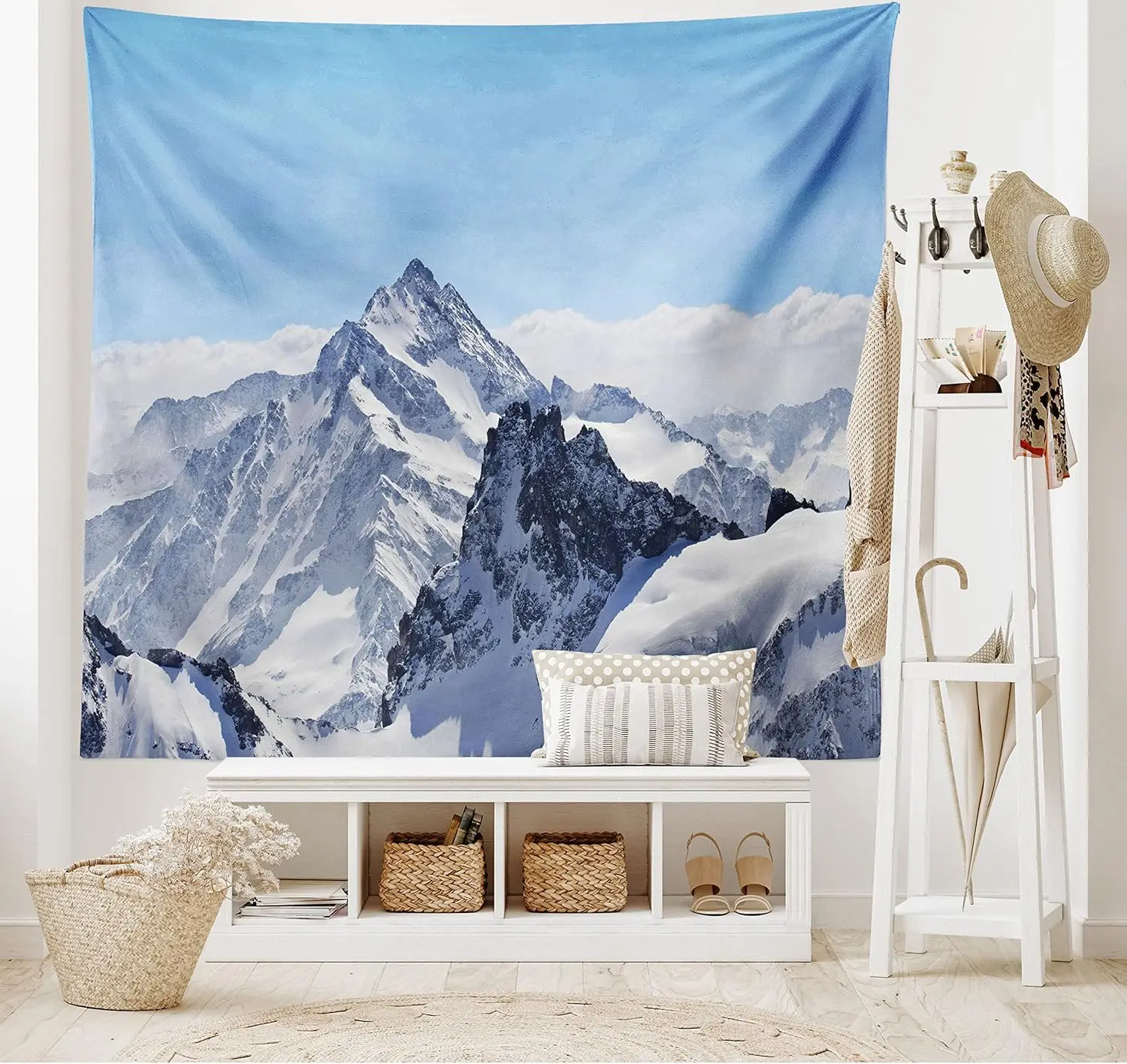 Snowy Mountain Landscape Tapestry Wall Hanging Aesthetic Boho Nature Decor Blue Alpine Scenery Artwork for Living Room Bedroom H