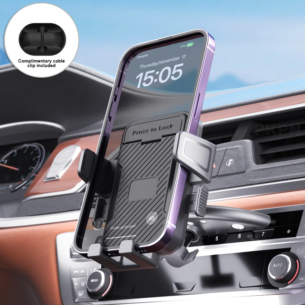 

Car CD Slot Phone Holder Press Lock Adjustable Car Phone Mount Non Slip Grip Universal for iPhone Android with Cable Clip
