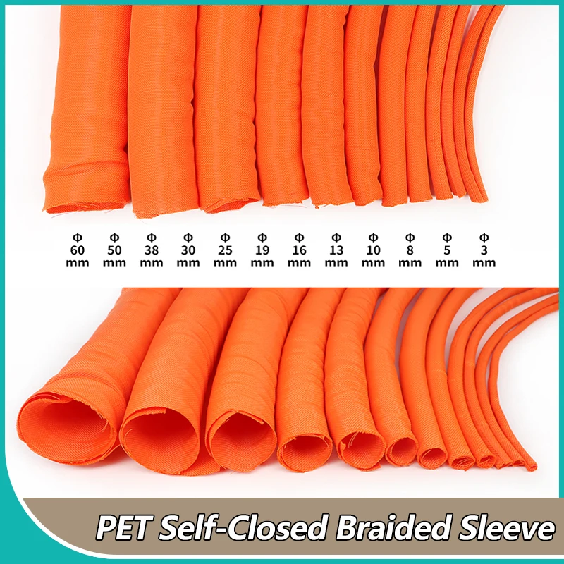 Orange Cable Sleeve Self Closing PET Braided Expandable Auto Line Management Overlaps Flexible Loom Split Pipe Wire Wrap Protect