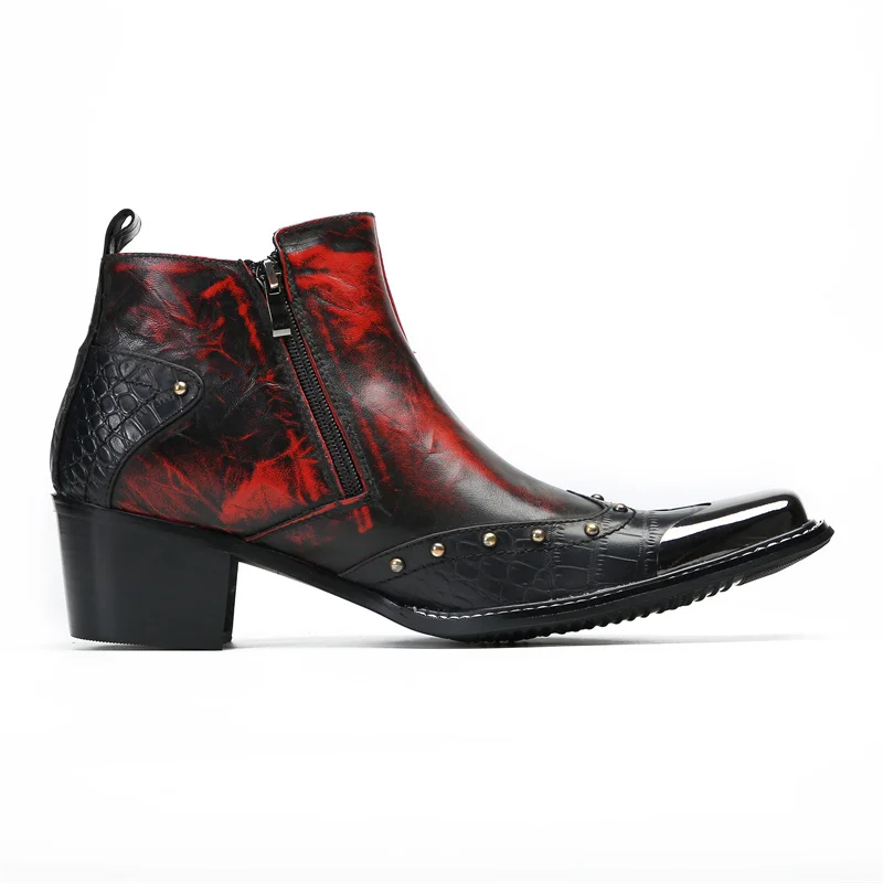 Designer Metal Square Toe Cowboy Motorcycle Short Boots Male Big Size Rivets Genuine Leather Ankle Boots Business Formal Shoes