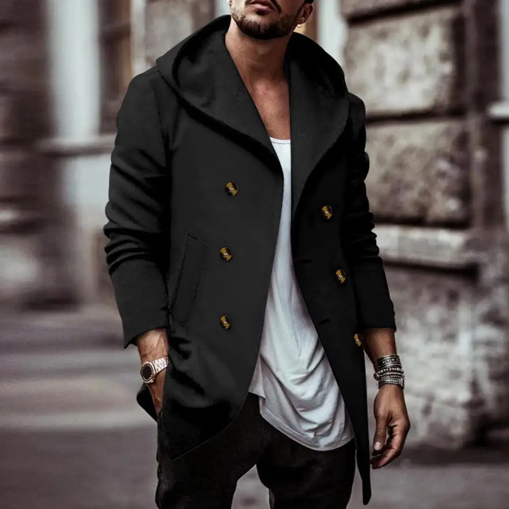 

Hooded Men Coat Men Winter Coat Stylish Men's Double-breasted Hooded Coat Mid Length Solid Color Soft Warm for Fall/winter