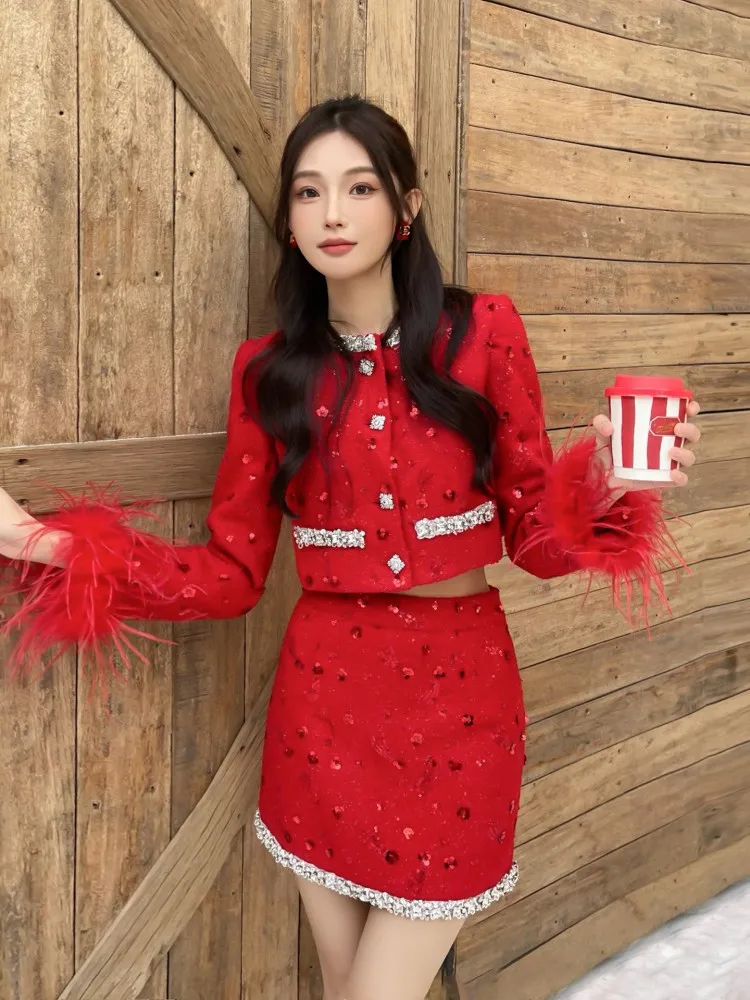 High Quality Work Lady Sequin Jacket Skirt Two-Piece Set O Neck Slim Short Jackets Outfits Diamond Feather Coat Mini Skirts Sets